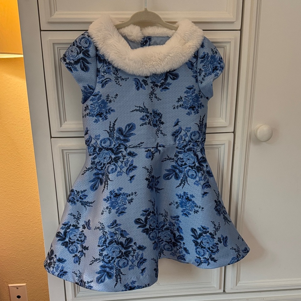 Janie and Jack Blue Floral Dress with White Faux Fur Collar
